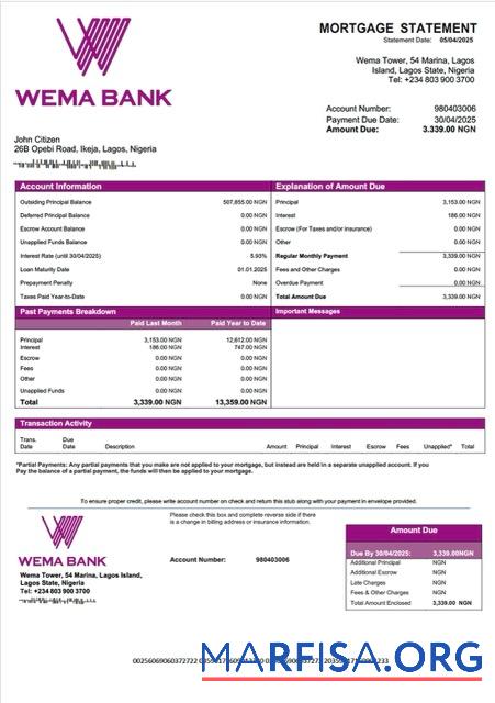 Printable Nigeria Wema Bank mortgage statement Word and PDF template